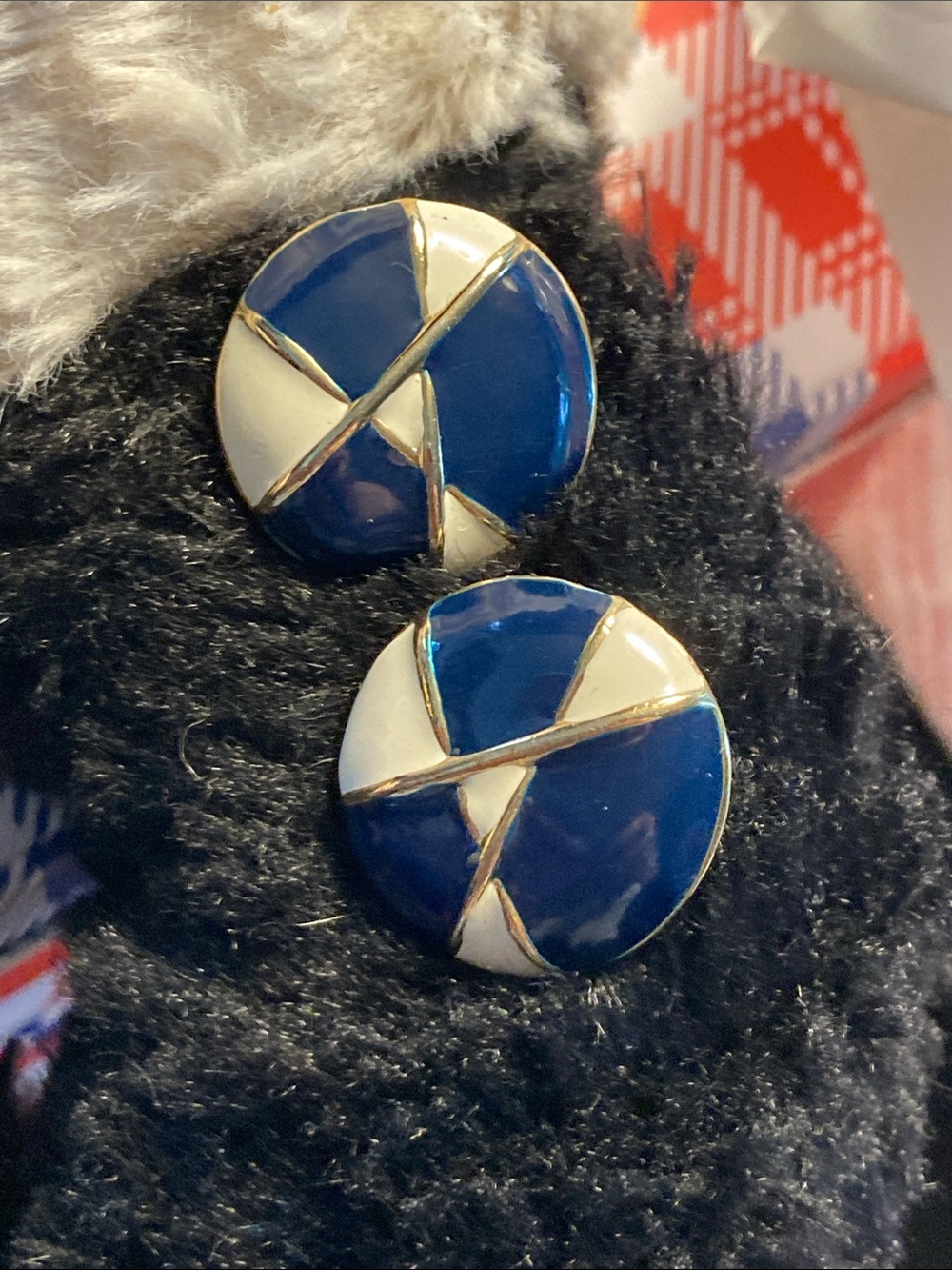 Enamel Round Stud Earrings button style abstract mid century modern navy white